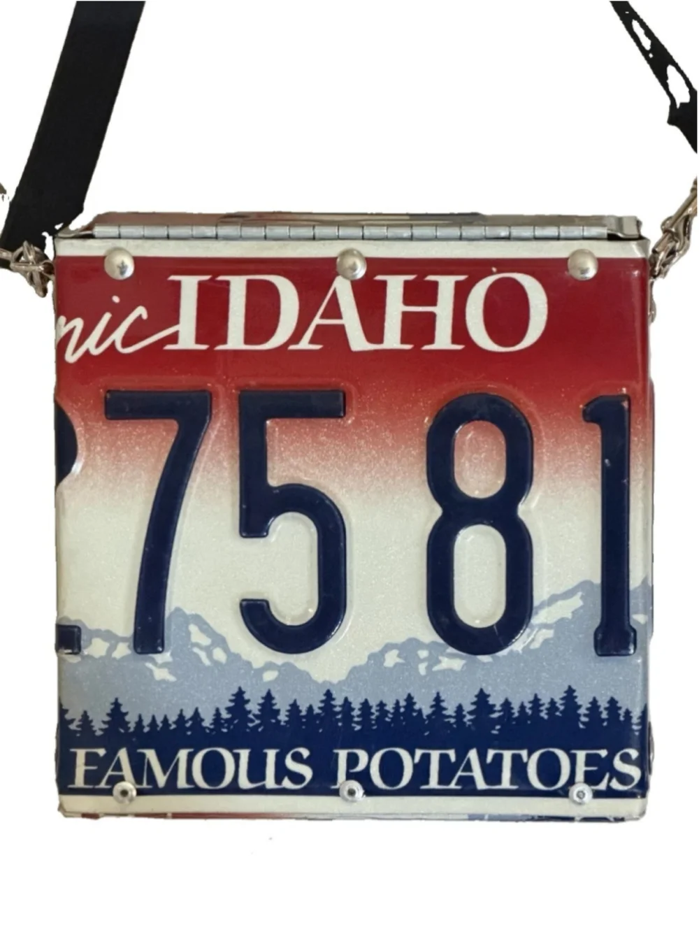 LITTLE EARTH IDAHO LICENSE METAL PLACE SQUARE BAG RARE 90 VINTAGE
